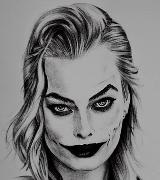 Image similar to tattoo design sketch of beautiful margot robbie portrait with joker makeup, in the style of den yakovlev, realistic face, faded, black and white, realism tattoo, hyper realistic, highly detailed, faded drawing