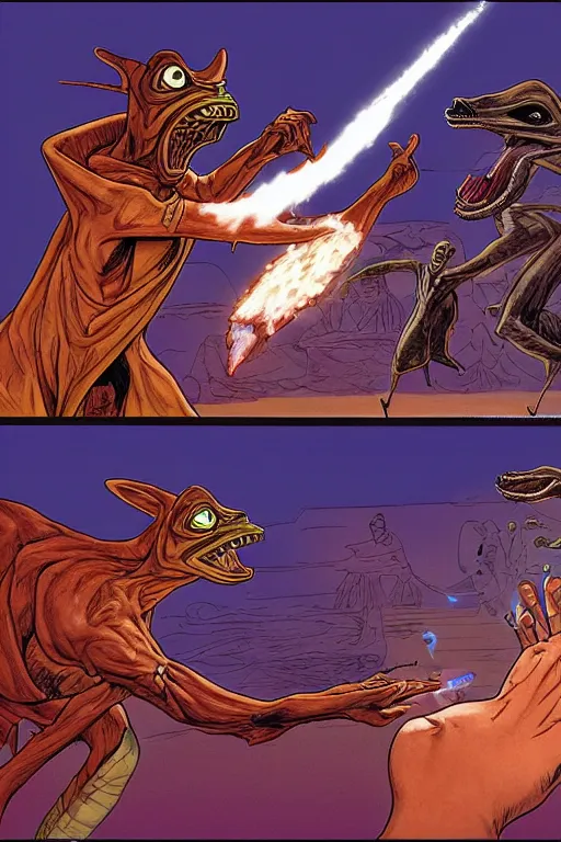 Image similar to [a fight between Macron and JarJar Binks, 4k, HD, high quality, art by Moebius]