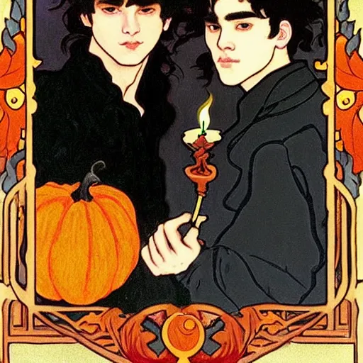 Image similar to painting of young cute handsome beautiful dark medium wavy hair man in his 2 0 s named shadow taehyung and cute handsome beautiful min - jun together at the halloween party, bubbling cauldron, candles, smoke, tarot, autumn colors, elegant, stylized, soft facial features, delicate facial features, art by alphonse mucha, vincent van gogh, egon schiele