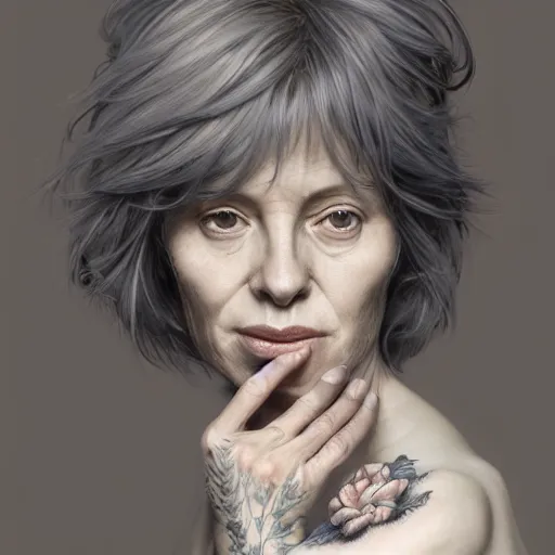 Prompt: portrait of a middle aged artsy woman, short grey hair, tattoo, avangarde, unique, artistic soul, nature, plants, wool, upper body, long hair, intricate, elegant, highly detailed, digital painting, artstation, concept art, matte, sharp focus, illustration, art by artgerm and greg rutkowski and alphonse mucha