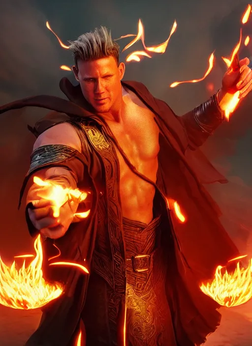 Image similar to A fantasy comic book style portrait painting of a Channing Tatum as a godlike Sorcerer casting a fire spell, unreal 5, DAZ, hyperrealistic, octane render, RPG portrait, ambient light, dynamic lighting