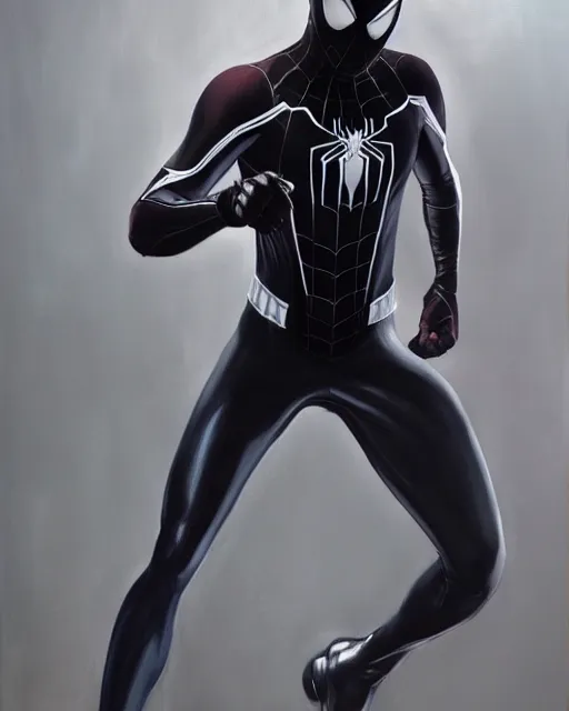 Image similar to hybrid of a sleek stealth suit and spider - man, photorealistic oil painting, hyperdetailed, realistic