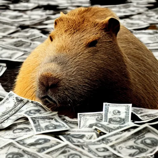 Prompt: capybara surrounded by money