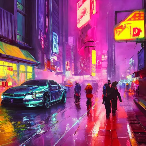 Image similar to acrylic painting, impressionism and expressionism, strong emotional impact, bold pastel colors, expressive brushstrokes, overall sense of movement in the composition. an art deco cyberpunk streetscape lined with beautiful flowers, by liam wong and tyler edlin, trending on artstation