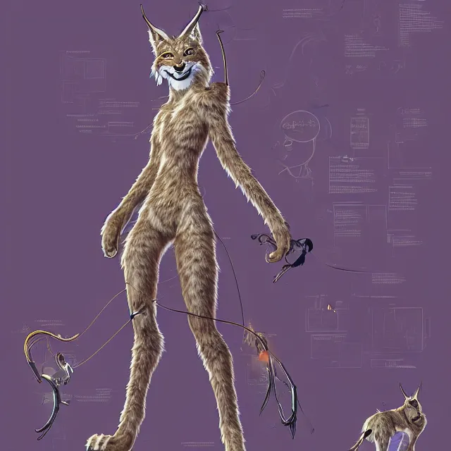 Image similar to the full body of anthropomorphic lynx fursona from behind wearing a steampunk suit as unimaginably beautiful, gorgeous, elegant, young woman with lynx head, an ultrafine hyperdetailed illustration by furaffinity, intricate linework, white fur, unreal engine 5 highly rendered, global illumination, radiant light, detailed and intricate environment, no feral, no taur