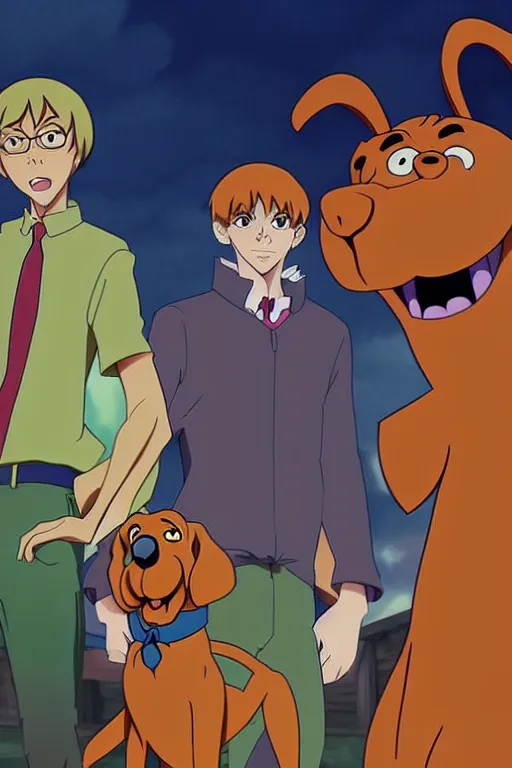 Image similar to scooby doo in anime art full body portrait character concept art, anime key visual of brown dog with blue collar, finely detailed, in a dark haunted mansion, trending on pixiv fanbox, studio ghibli, extremely high quality artwork