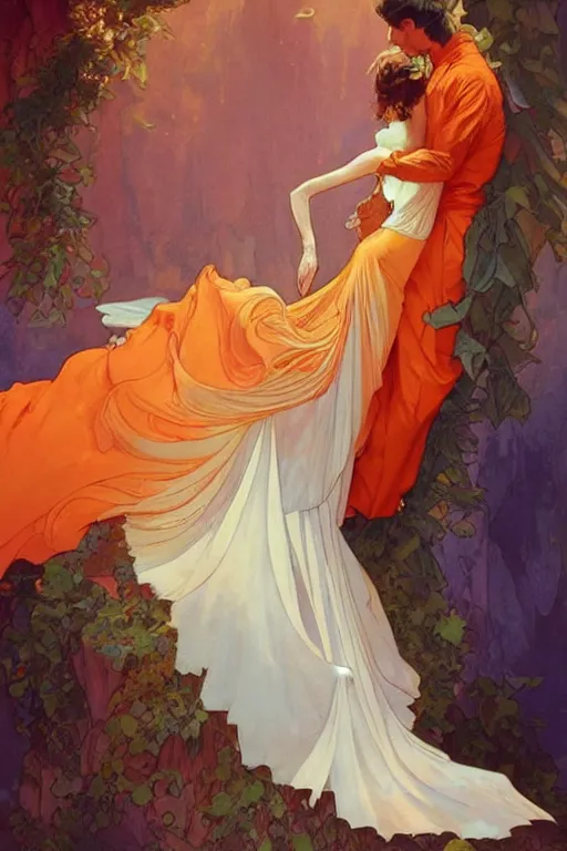 Image similar to man in orange shirt fastens beautiful dress of his spouse before going to exquisite gala art by artgerm and greg rutkowski and charlie bowater and magali villeneuve and alphonse mucha