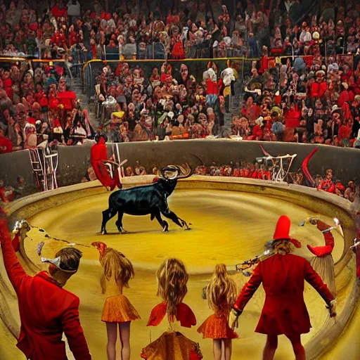 Image similar to electric red by frieke janssens, by glen fabry. a mixed mediart of a bullfight in spain. the mixed mediart is set in an arena with spectators in the stands. several figures in the mixed mediart, including a matador & a bull.