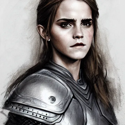 Image similar to drawing of emma watson wearing a knight armor, beautiful piercing eyes, hyper realistic face, in the style of greg rutkowski, fantasy, amazing detail, epic, elegant, smooth