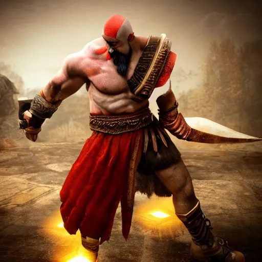 Prompt: photo of Kratos with a chicken head, volumetric lighting, high detail, 8k