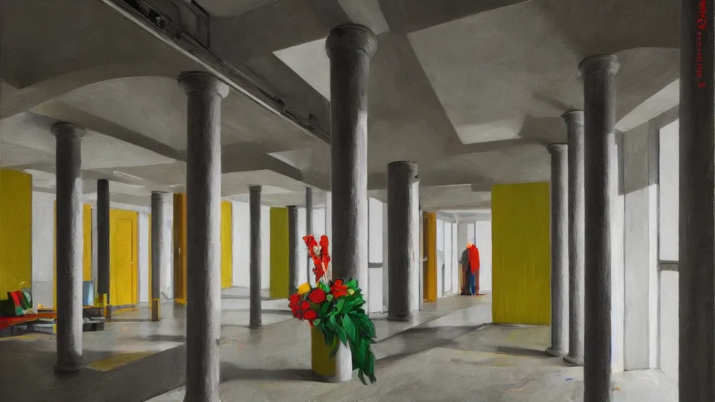 Prompt: colorful minimalist industrial interior hallway with monolithic pillars in the style of ridley scott and stanley kubrick, impossible stijl architecture, bed of flowers on floor, ultra wide angle view, realistic detailed painting by edward hopper