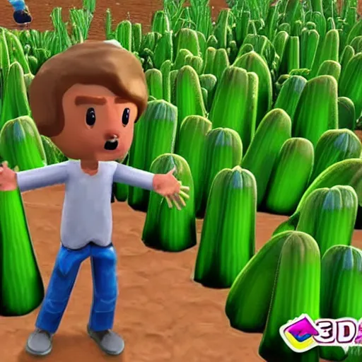 Image similar to 3d video game gameplay of man in field of giant asparagus