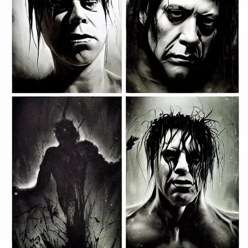 Prompt: stunning portrait of gaunt glenn danzig a ( the cure fan ) as dream from sandman, dim stars as eyes, by jeremy mann, by cedric peyravernay, by by russ mills, by richard avedon and ben templesmith, dramatic lightning, sadness, dark eye sockets, in the shadows, punk rock, gothic, high detailed, 8 k