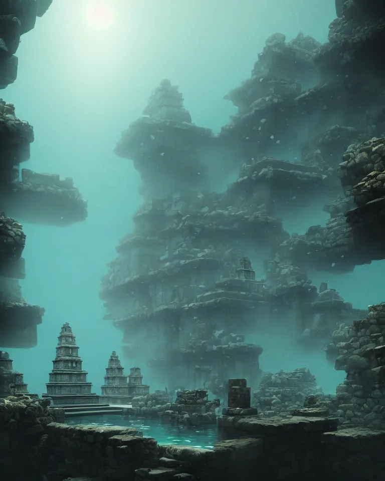 Image similar to full color, low wide shot of submerged pre - incan temple, underwater, statues, anime style mixed with fujifilm, dark, foggy, atmospheric, artstation, cgsociety, octane render, cgi, unreal engine 5, denoise, detailed, cinematic masterpiece