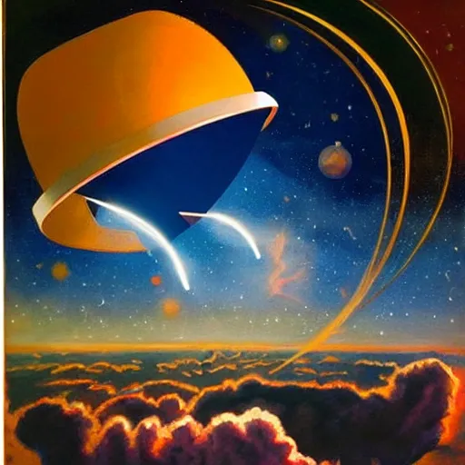 Image similar to giant umbrella in space is blocking the sun, seen from earth, art deco painting