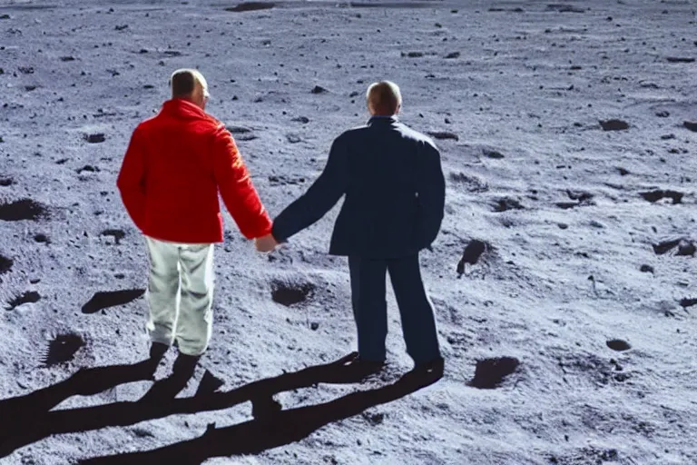 Image similar to President barrack Obama holding hands lovingly with Vladimir Putin on the moon, photorealistic 8K