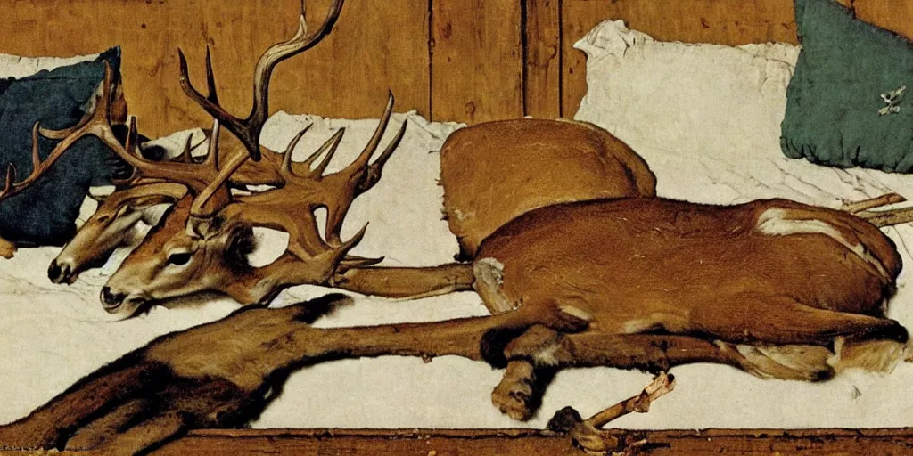 Prompt: deer with antlers sleeping on a cot, norman rockwell