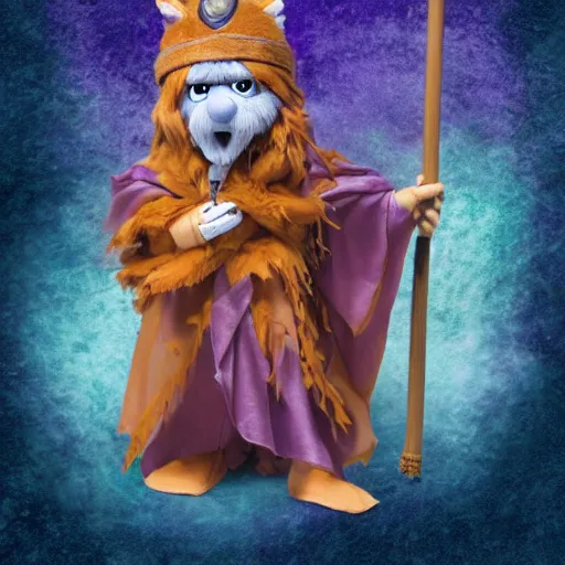 Image similar to dungeons and dragons foxfolk wizard druid as a chibi muppet plush wearing a wizard cloak and holding a staff with an amethyst at the top, photorealistic, photography, national geographic, sesame street