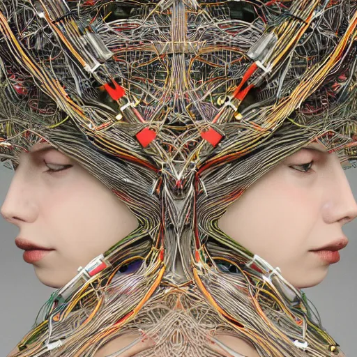 Image similar to give me a higher love, piles of modular synth cables, goddess swimming up wearing a headpiece made of circuit boards, by cameron gray, wlop, stanley kubrick, masamune, hideki anno, jamie hewlett, unique perspective, trending on artstation, 3 d render, vivid