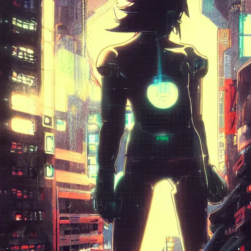 Image similar to a japanese cyberpunk android hacker, finely detailed features, cyborg robot parts with glowing lights!, dramatic cinematic, night, at cyberpunk city, ghost in the shell, akira, noir, painted by greg rutkowski makoto shinkai takashi takeuchi craig mullins, alphonse mucha, studio ghibli, pixiv