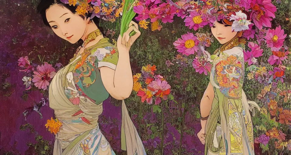 Image similar to oil painting, long shot, beautiful floralpunk thai girl illustration walking in a park, detailed patterns art of thai traditional dress, flower pop art, floral splash painting, art by ashley wood, alphonse mucha, makoto shinkai, geof darrow, dark shadow