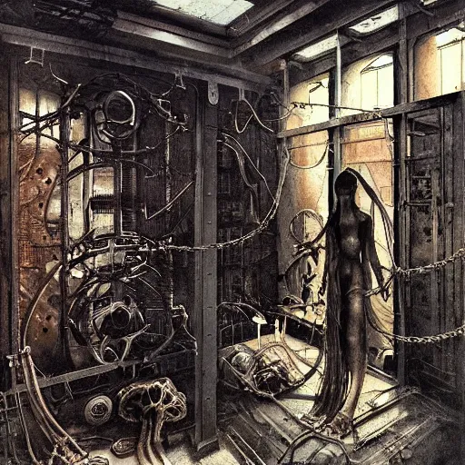 Image similar to razorpunk interior of pristine steampunk asylum laboratory testing chamber containing a chained mummy mutant cyborg nicola samori zdizlaw beksinski marc simonetti william-adolphe borguereau viktor vasnetsov charlie bowater oil painting tool album cover aenima