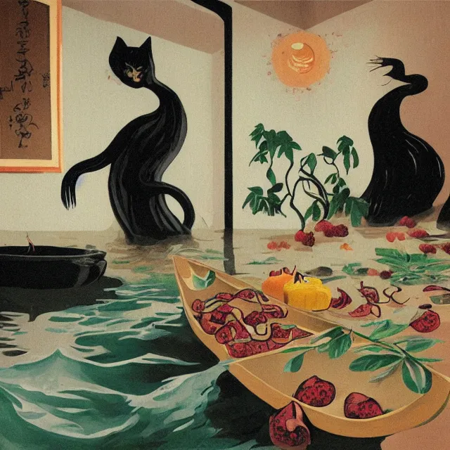 Image similar to tall female catgirl artist holding vegetables in her flooded kitchen, pomegranates, octopus, water gushing from ceiling, painting of flood waters inside an artist's apartment, a river flooding indoors, candles, ikebana, zen, rapids, waterfall, black swans, canoe, berries, acrylic on canvas, surrealist, by magritte and monet