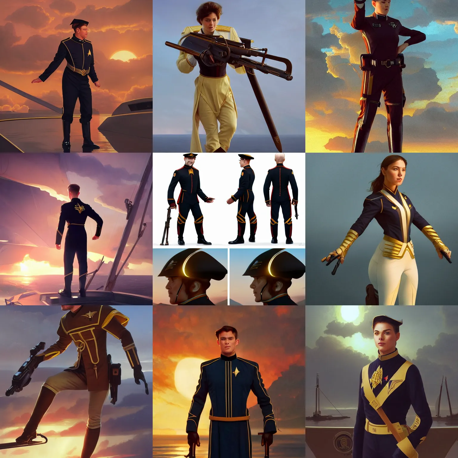 Prompt: the christian midshipman, sunset, rigging, action pose, movie still, starfleet uniform, octane render, highly detailed, digital painting, artstation, concept art, smooth, sharp focus, illustration, art by artgerm and greg rutkowski and alphonse mucha and william - adolphe bouguereau