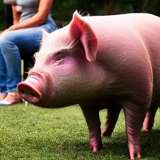 Image similar to a woman interrupts a pig with a microphone