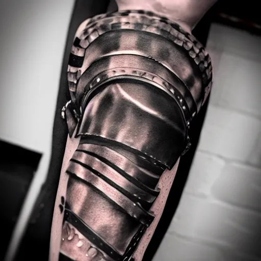 Prompt: an up close gladiator with shield and sword, tattoo, tattoo art, Black and grey tattoo style,