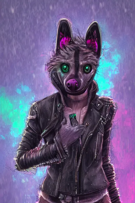 Image similar to digital painting of anthromorphic hyena female, fursona, furry fandom, neon rainy cyberpunk setting, anthro, wearing cyberpunk leather jacket, detailed face,