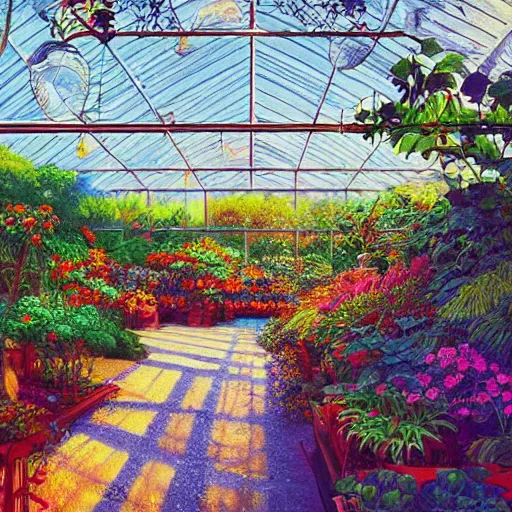 Image similar to painting of a botanical garden greenhouse serene morning light colorful flowers, vivid colors, Alena Aenami, Rebecca Guay, science fiction vintage art