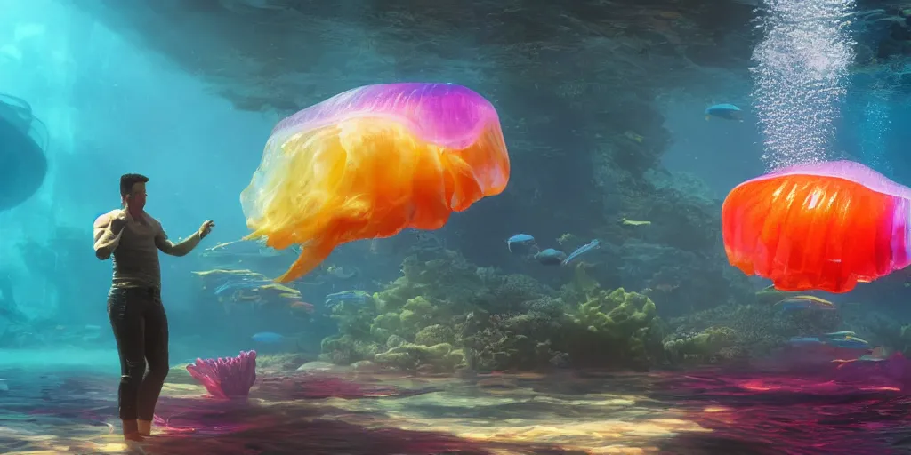 Image similar to underwater enviroment with a giant Rainbow Jellyfish.boss creature , unreal 5, hyperrealistic, realistic, photorealistic, dynamic lighting, highly detailed, cinematic landscape, studio landscape, studio lighting