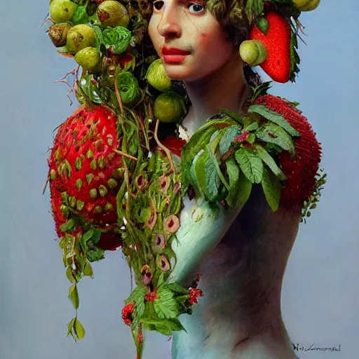 Image similar to a sculpture portrait made of kiwi and strawberries and flowers and plants, painting part by wojciech siudmak, part by ilya repin, part by max ernst, part by norman rockwell, artstation