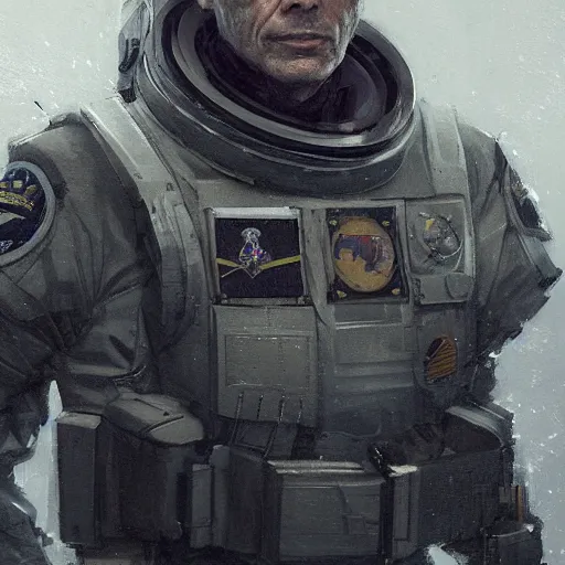 Image similar to portrait of a man by greg rutkowski, michael biehn as an space security officer, he is about 6 0 years old, military composure, wearing the tactical gear of weyland company, highly detailed portrait, digital painting, artstation, concept art, smooth, sharp foccus ilustration, artstation hq