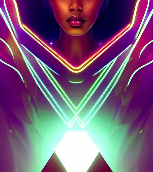 Image similar to symmetry!! egyptian queen of technology, solid cube of light, hard edges, product render retro - futuristic poster scifi, lasers and neon circuits, brown skin beautiful egyptian, queen, intricate, elegant, highly detailed, digital painting, artstation, concept art, smooth, sharp focus, illustration, dreamlike, art by artgerm