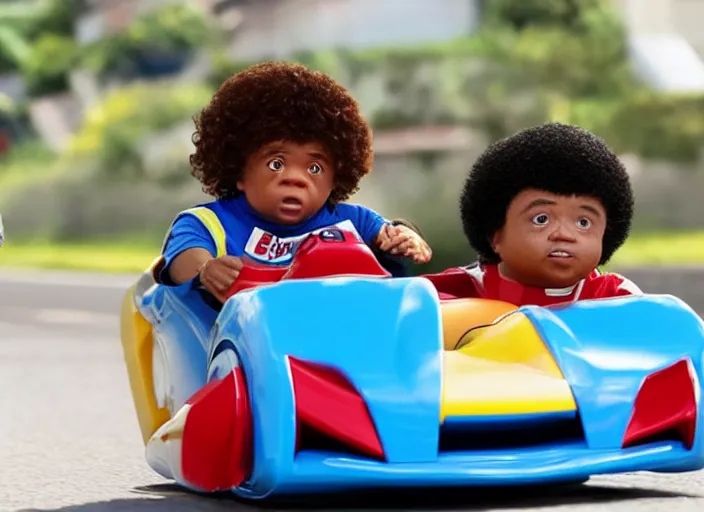 Prompt: peter dinklage racing emmanuel lewis driving a little tikes cars, movie still, from the new fast and furious movie, 8 k, realistic