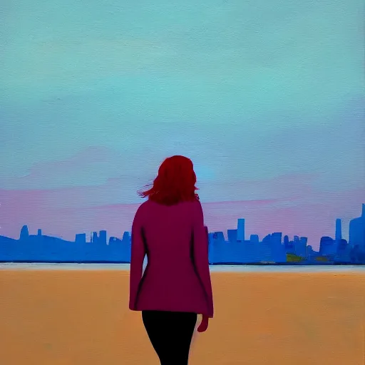 Image similar to lonely young woman with red hair, magenta coat, and light blue pants ; wandering a beach at sunset with a city skyline on the horizon, oil painting, warm lighting, swimming pool in foreground