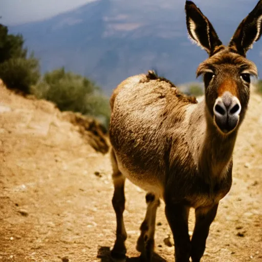 Prompt: photo of donkey in nemea greece, cinestill, 800t, 35mm, full-HD
