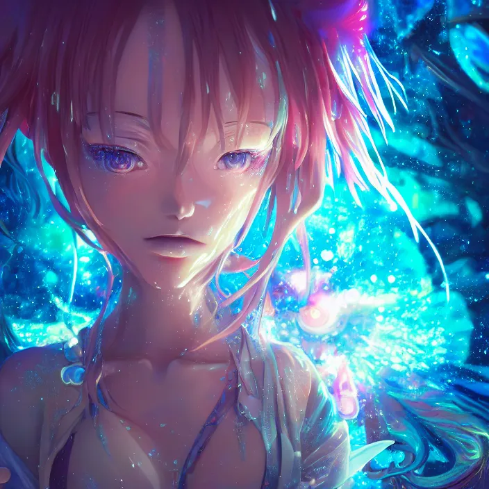 Image similar to ultra detailed illustration of a anime girl covered in liquid chrome, lost in a dreamy fairy multiverse by ross tran, Andrew Thomas Huang, dan mumford, Druillet, colorful, front view, vivid colors, 8k, coherent, artgerm, anime vibes, octane render, uplifting, magical composition, artstation