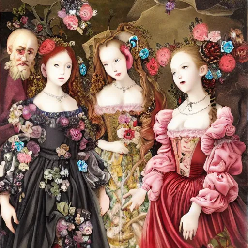 Image similar to renaissance, baroque 8k oil painting group of creepy young ladies wearing renaissance long harajuku manga dress with flowers and skulls, background chaotic flowers