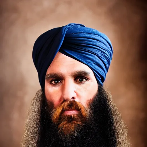 Image similar to a portrait of donald trump wearing a long beard and a turban joining the taliban, fine details, close up, 8 k photography, depth of field, bokeh. i