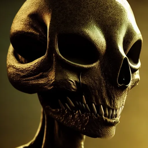 Prompt: an alien creature wearing a skull mask, humanoid shape, full body, photorealistic, 4 k, octane render, cinematic lighting, artistic photography, insanely detailed and intricate