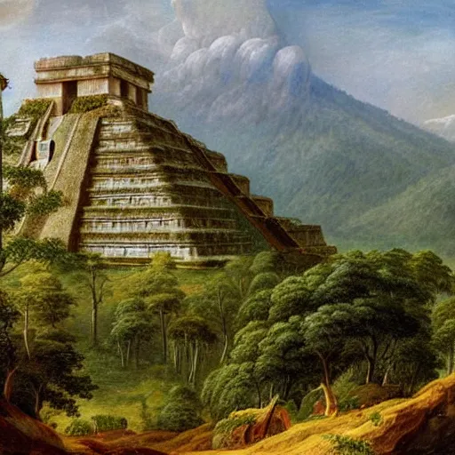 Prompt: A beautiful and highly detailed landscape painting of beautiful mayan temple in the mountains, detailed trees and cliffs, by Caspar Friedrich