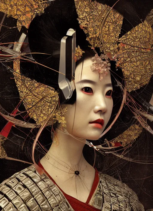 Image similar to portrait of a futuristic geisha, kintsugi, modern fine art, fractal, intricate, elegant, highly detailed, digital photography, subsurface scattering, by jheronimus bosch and greg rutkowski,