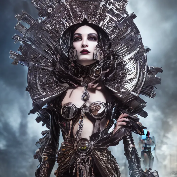 Image similar to mystical evil android queen with obsidian eyes, wearing an elaborate helmet, fashion shoot, octane render, 8 k, unreal engine, by todd mcfarlane and artgerm and greg rutkowski and alphonse mucha