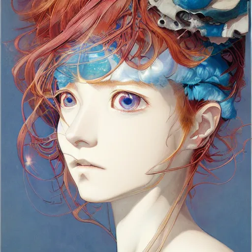 Prompt: prompt : ivory and blue portrait soft light painted by james jean and katsuhiro otomo and erik jones, inspired by evangeleon anime, smooth face feature, intricate oil painting, high detail illustration, sharp high detail, manga and anime 1 9 9 9