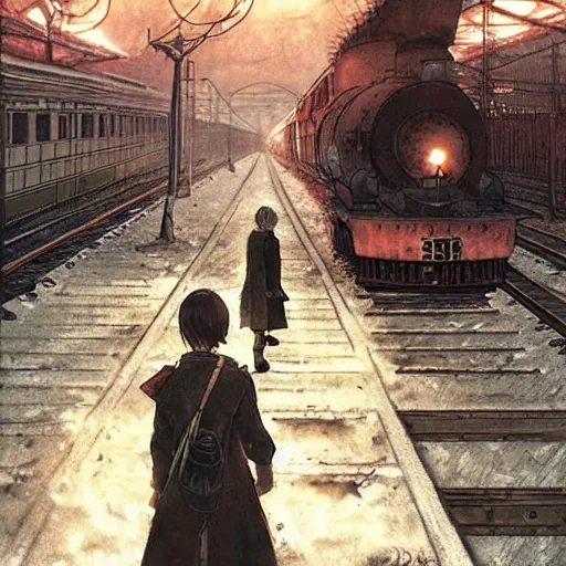 Prompt: the last train , Artwork by Akihiko Yoshida, cinematic composition