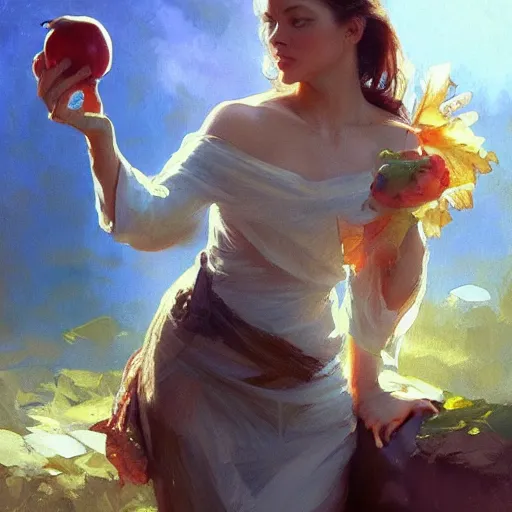 Image similar to the hand is reaching for the apple, painting by Craig Mullins, 4k, octane, digital painting, artstation, concept art, sharp focus, illustration, art by artgerm and greg rutkowski and alphonse mucha,