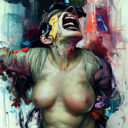 Image similar to grinning woman in a vr headset, dynamic energic pose, cyberpunk in the style of adrian ghenie, esao andrews, jenny saville, surrealism, dark art by james jean, takato yamamoto